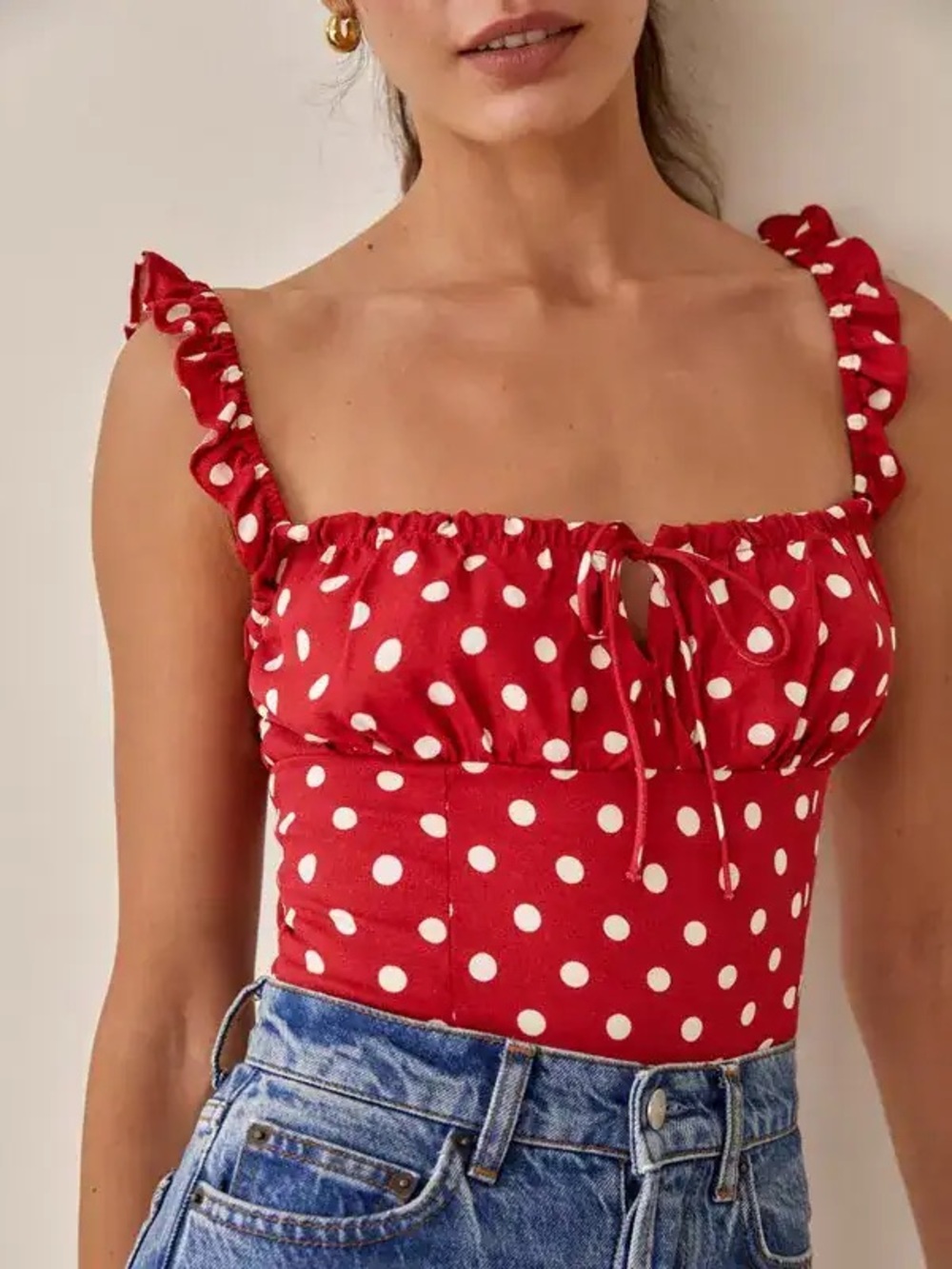 Reformation Cortese Top in Red Polka Dot Size 2